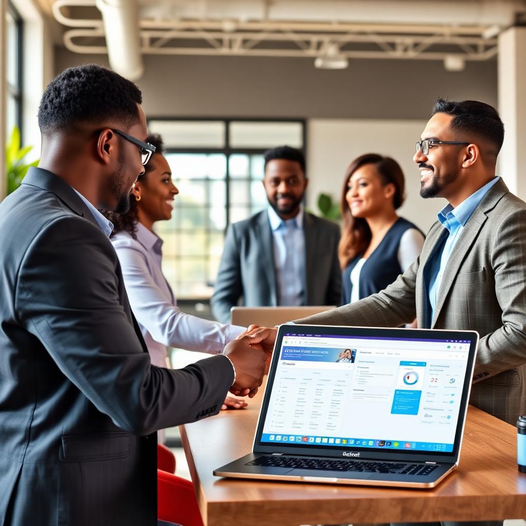 Business owners networking with a directory dashboard
